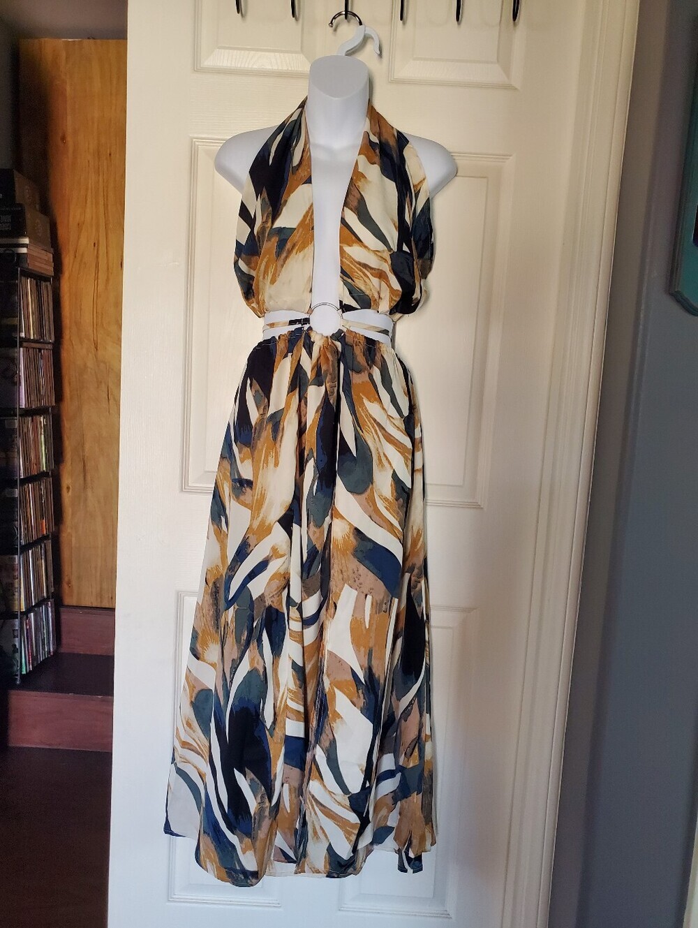 Halter Maxi Dress Ring Linked Backless Multicolor Beach Summer Fairy Sexy XS